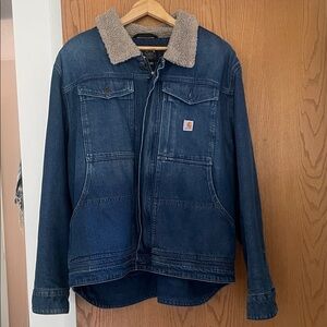 Carhartt Men's Dark Blue Denim Jacket with Sherpa Collar